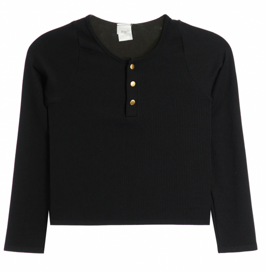 Girls Long Sleeve Ribbed Seamless Gold Snap Henley | Black