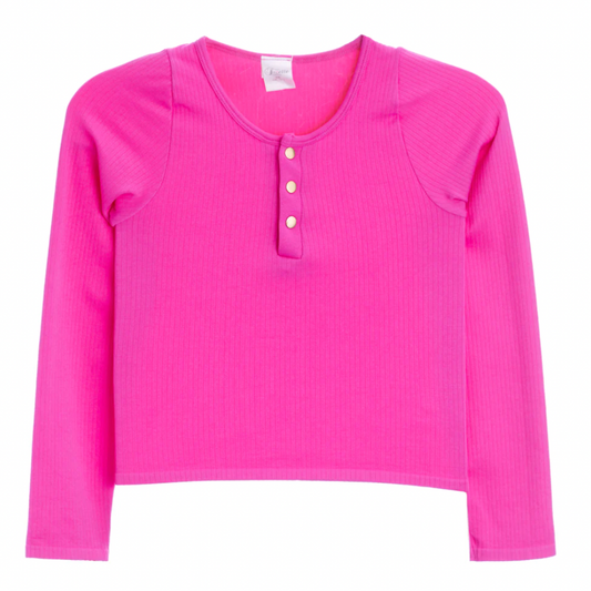 Girls Long Sleeve Ribbed Seamless Gold Snap Henley | Bright Fuchsia