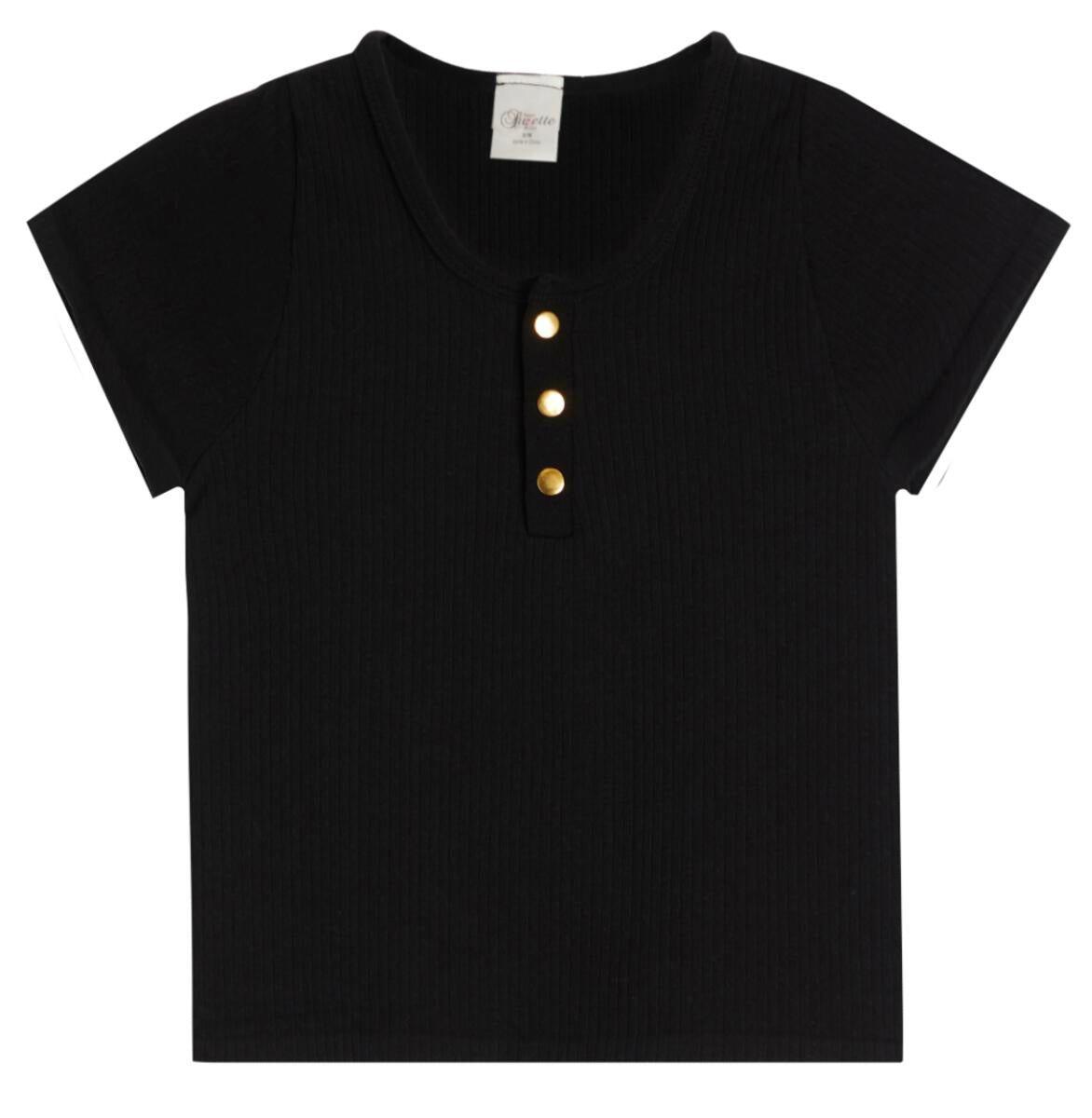 Girls Short Sleeve Ribbed Seamless Gold Snap Henley | Black