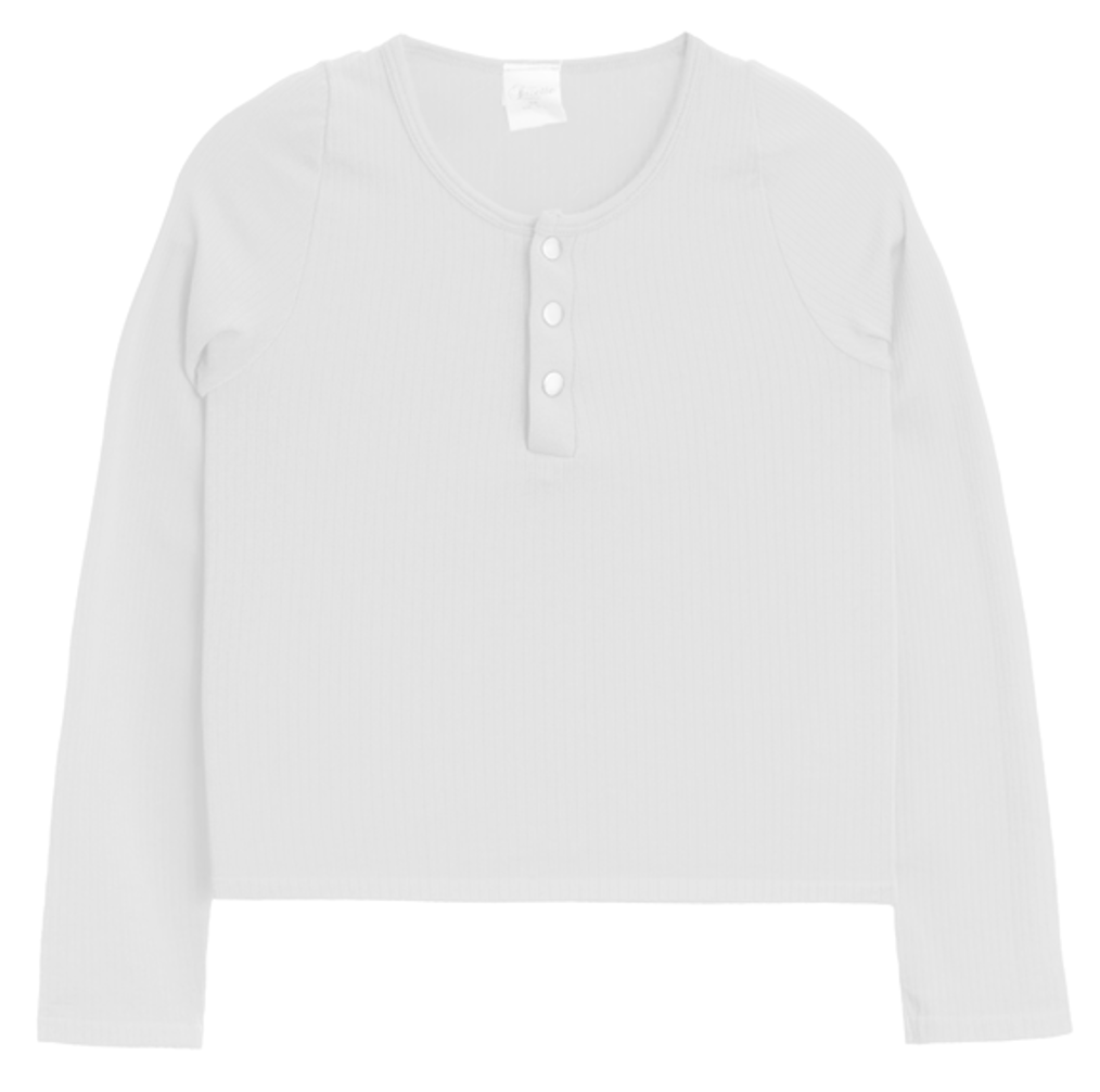 Suzette Girls Long Sleeve Ribbed Seamless Gold Snap Henley | White