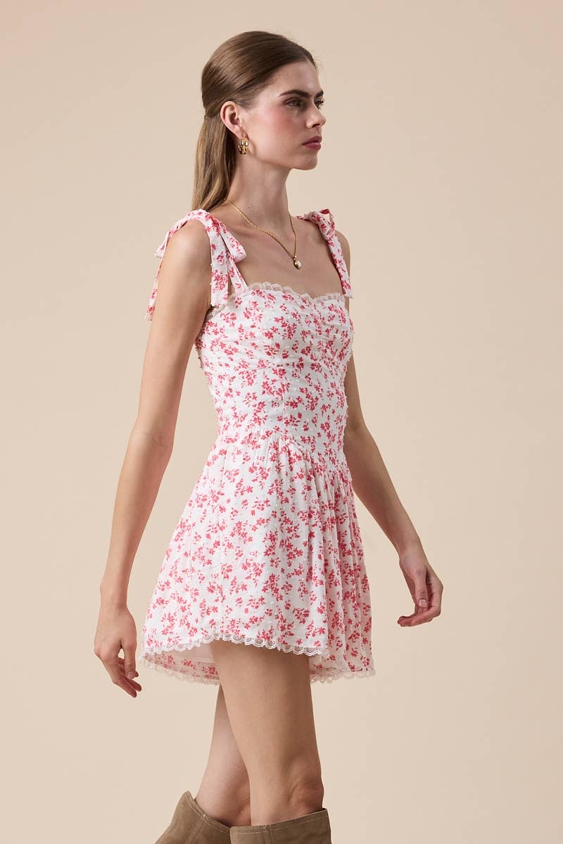 Rose Garden Floral Romper – Juniors Red Tie Strap Lace Trim Mini