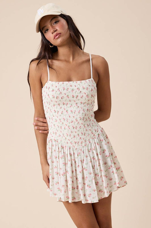 Meadow Muse Smocked Mini Dress – Ditsy Floral Square Neck for Juniors