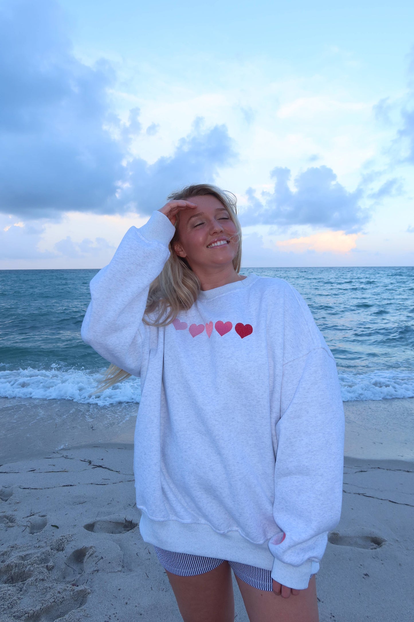 Sunkissed Coconut Ombre Hearts Embroidered Sweatshirt | Pearl Grey
