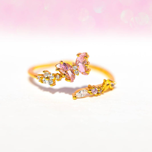 Flutter Love Adjustable Ring — 18K Gold Plated with Pink & Clear CZ