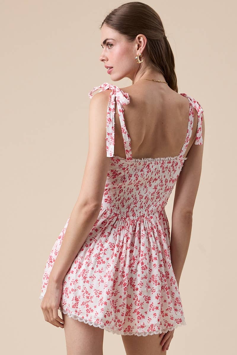 Rose Garden Floral Romper – Juniors Red Tie Strap Lace Trim Mini