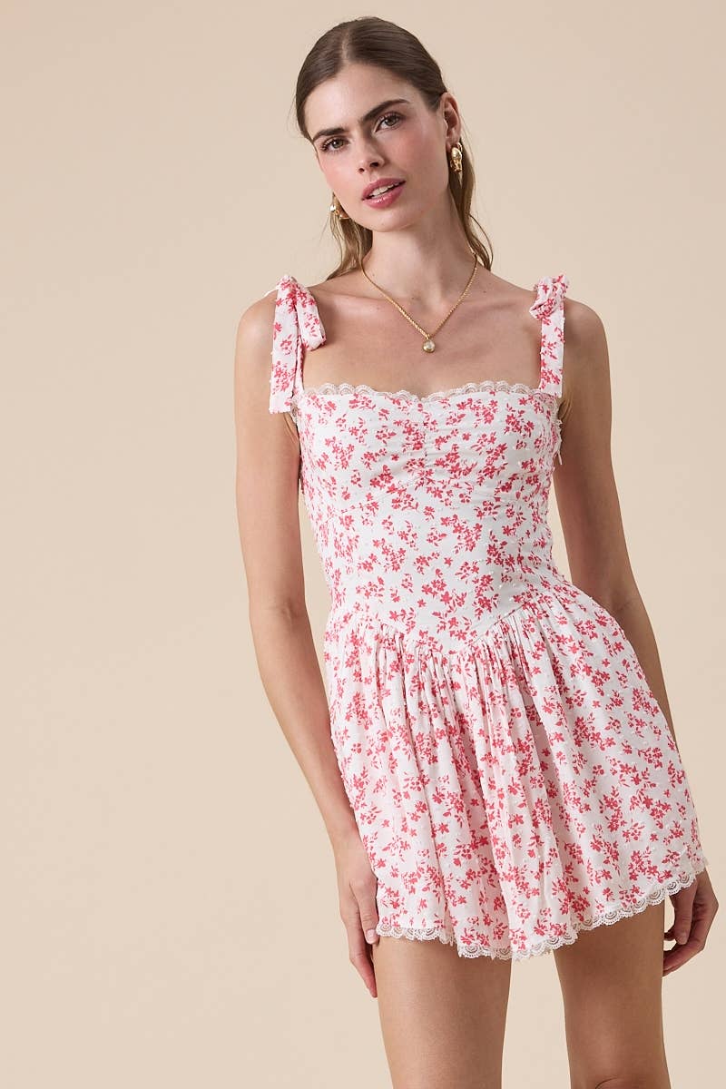 Rose Garden Floral Romper Juniors Red Tie Strap Lace Trim Mini Floral / Small Rose Garden Floral Romper Juniors Red Tie Strap Lace Trim Mini Floral / Small