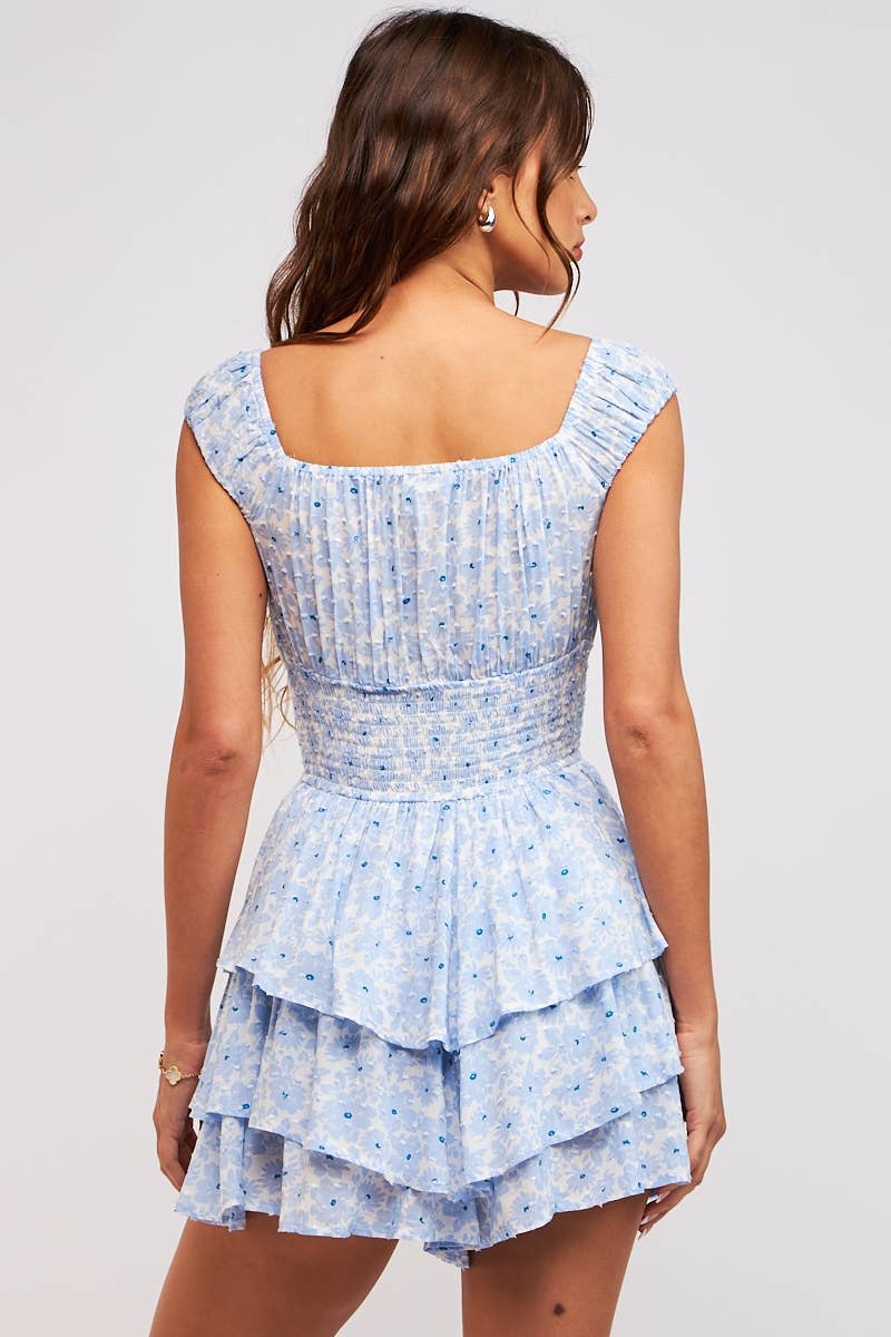 Cloud Nine Tiered Romper – Blue Smocked Floral Mini for Juniors