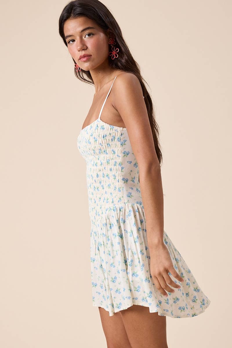 Meadow Muse Smocked Mini Dress – Ditsy Floral Square Neck for Juniors