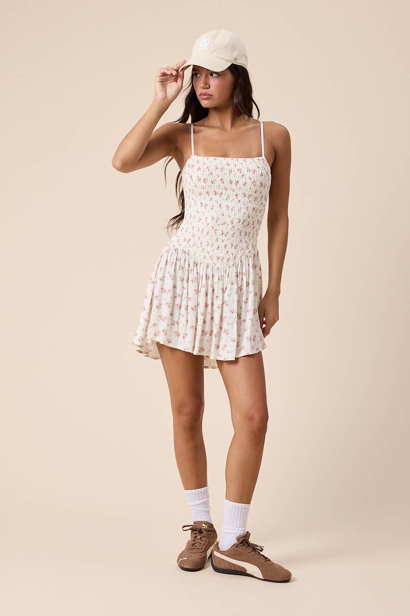 Meadow Muse Smocked Mini Dress – Ditsy Floral Square Neck for Juniors