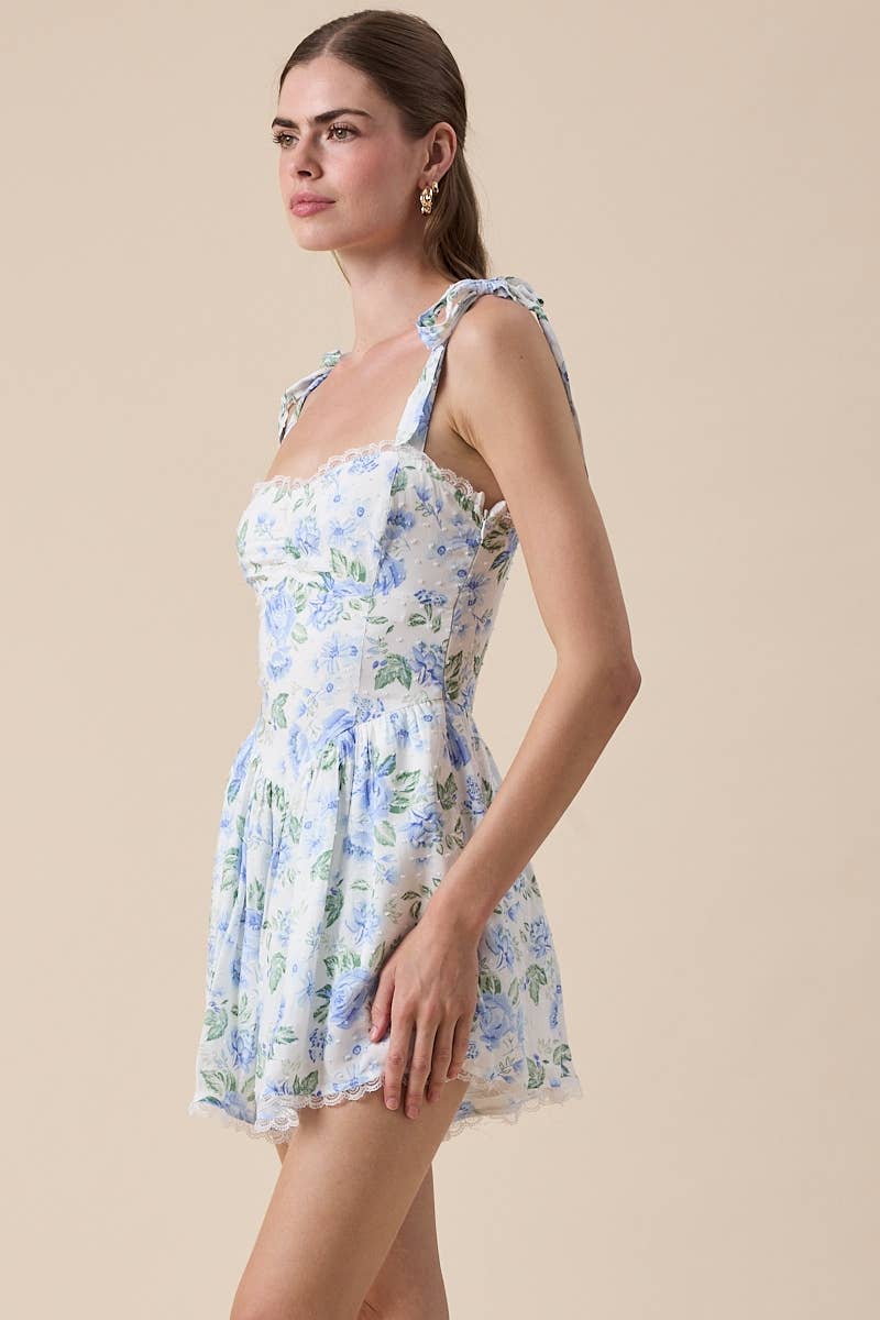 Bluebell Bloom Floral Romper – Juniors Lace Trim Tie Strap Mini