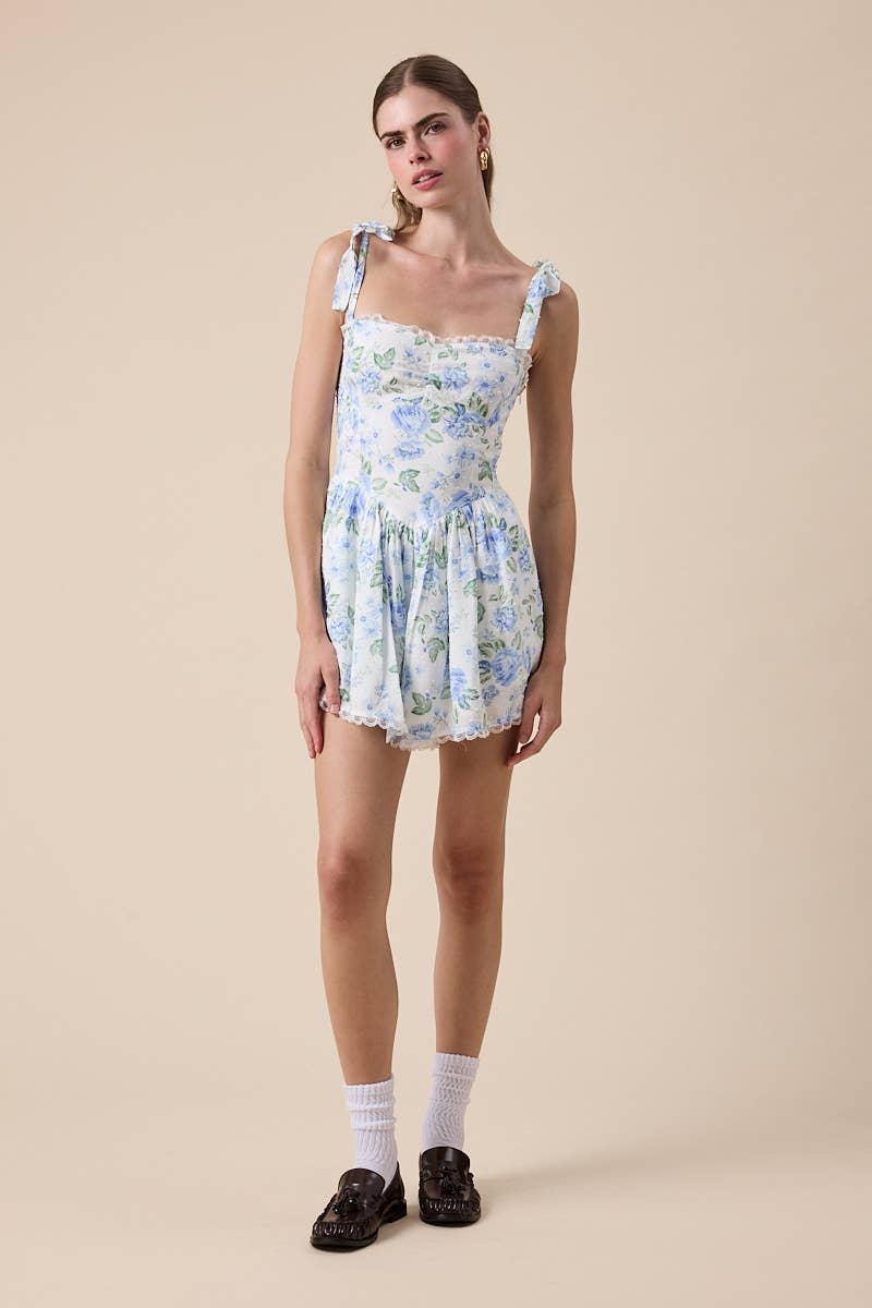 Bluebell Bloom Floral Romper – Juniors Lace Trim Tie Strap Mini