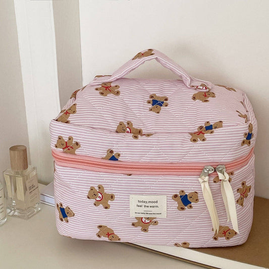 Cute Bear Print Striped Train Case – Pink | Large