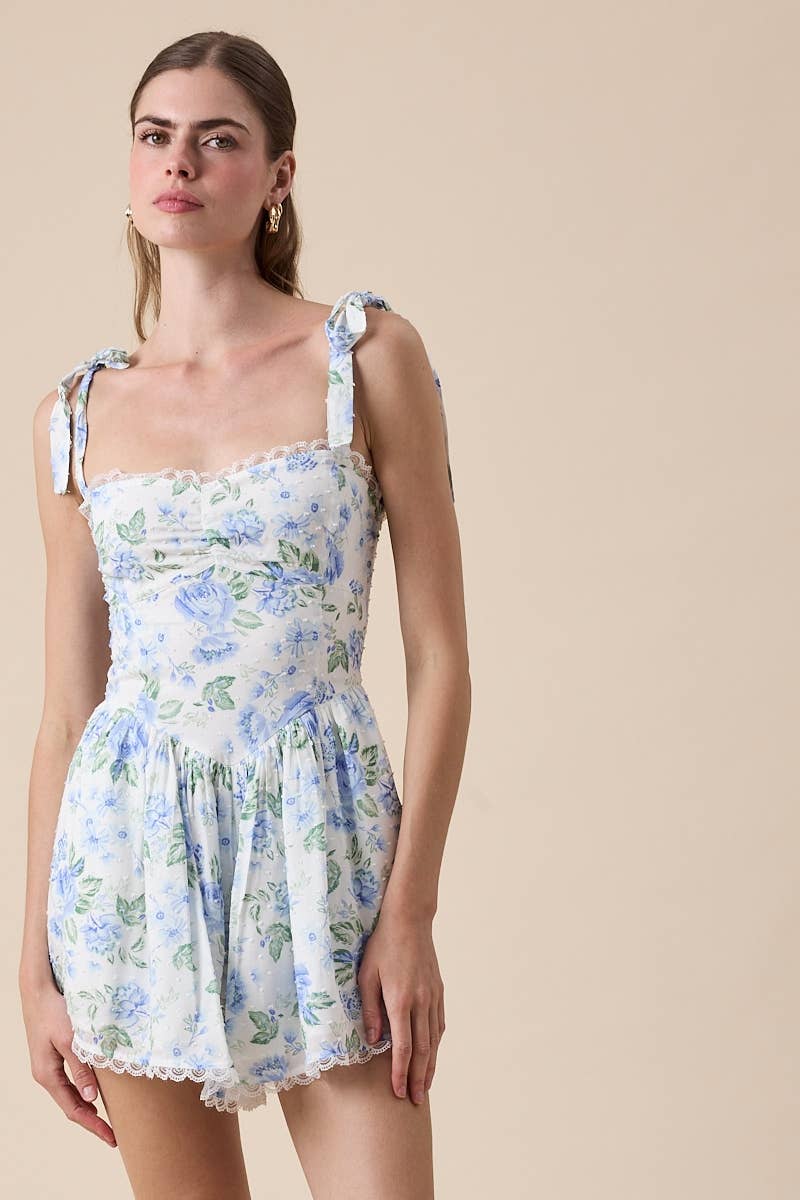 Bluebell Bloom Floral Romper – Juniors Lace Trim Tie Strap Mini