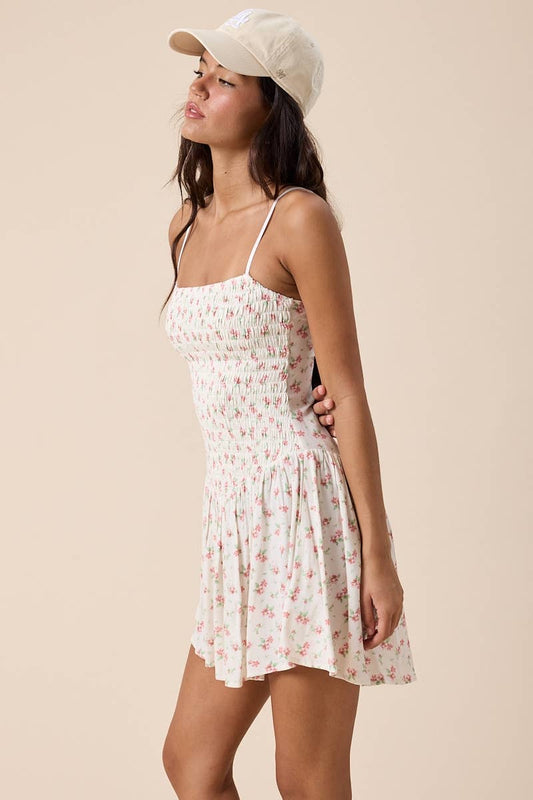 Meadow Muse Smocked Mini Dress – Ditsy Floral Square Neck for Juniors