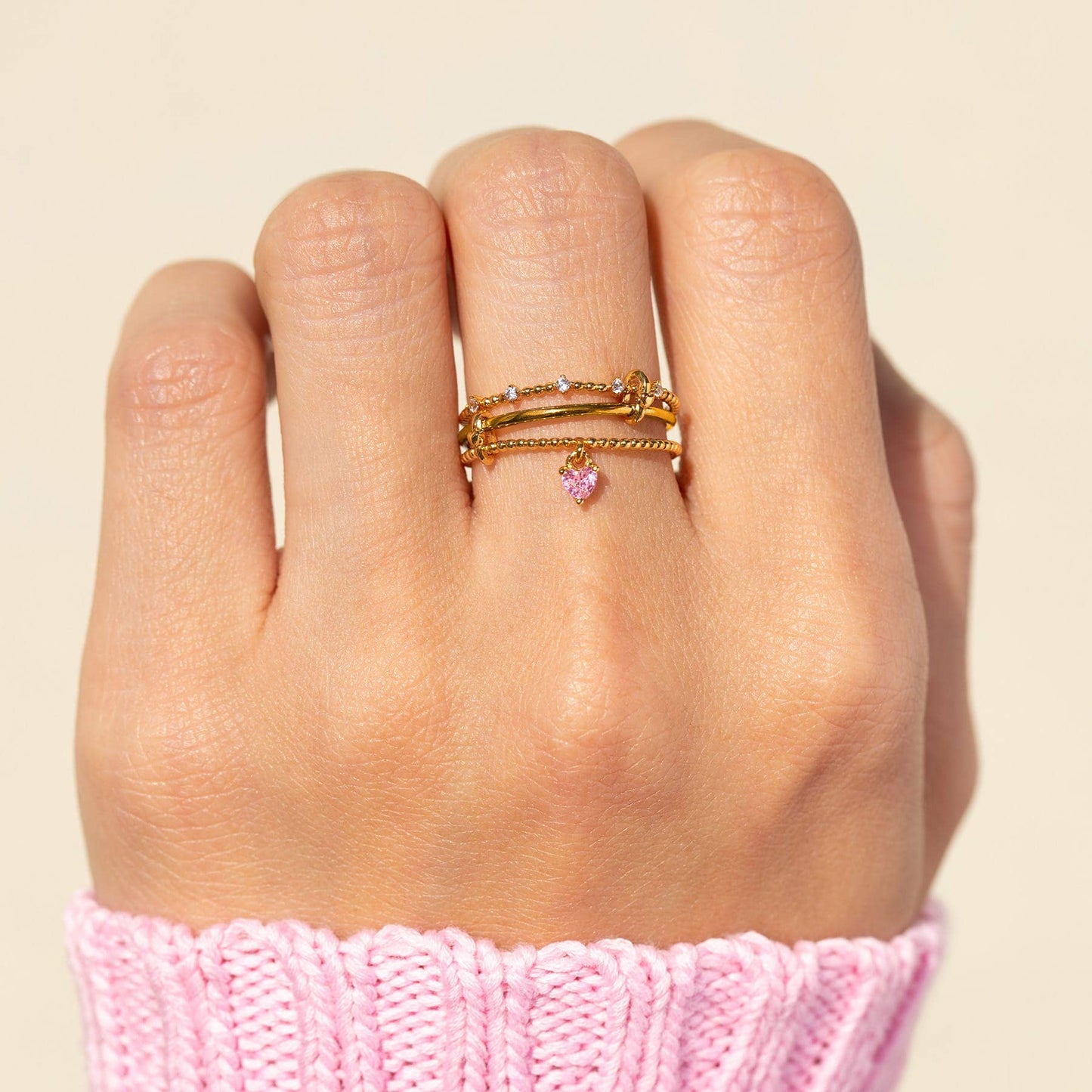 Love Connection Ring — 18K Gold Plated with Pink Heart Charm