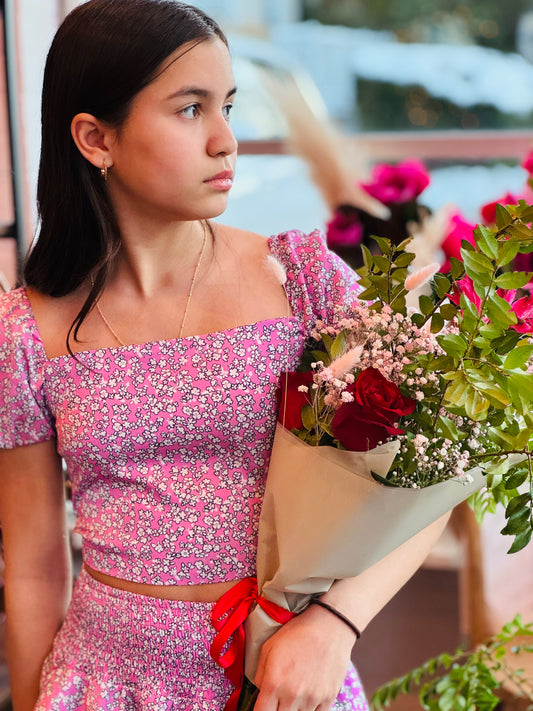 Theme NYC Noa Satin Bright Pink Ditsy Tie Back Top