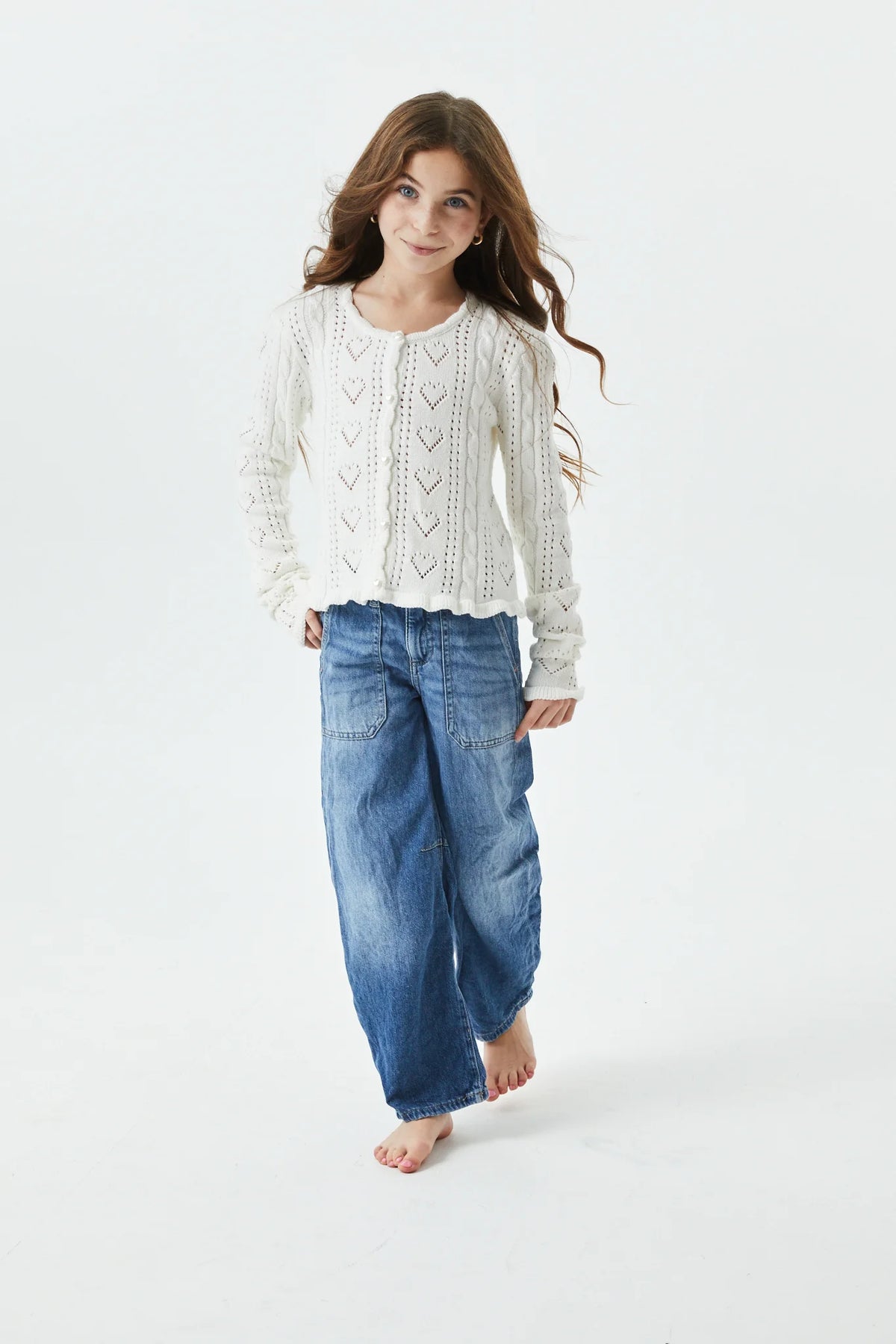 THEME NYC Ayla Pointelle Knit Hearts Cardigan | Creamy White