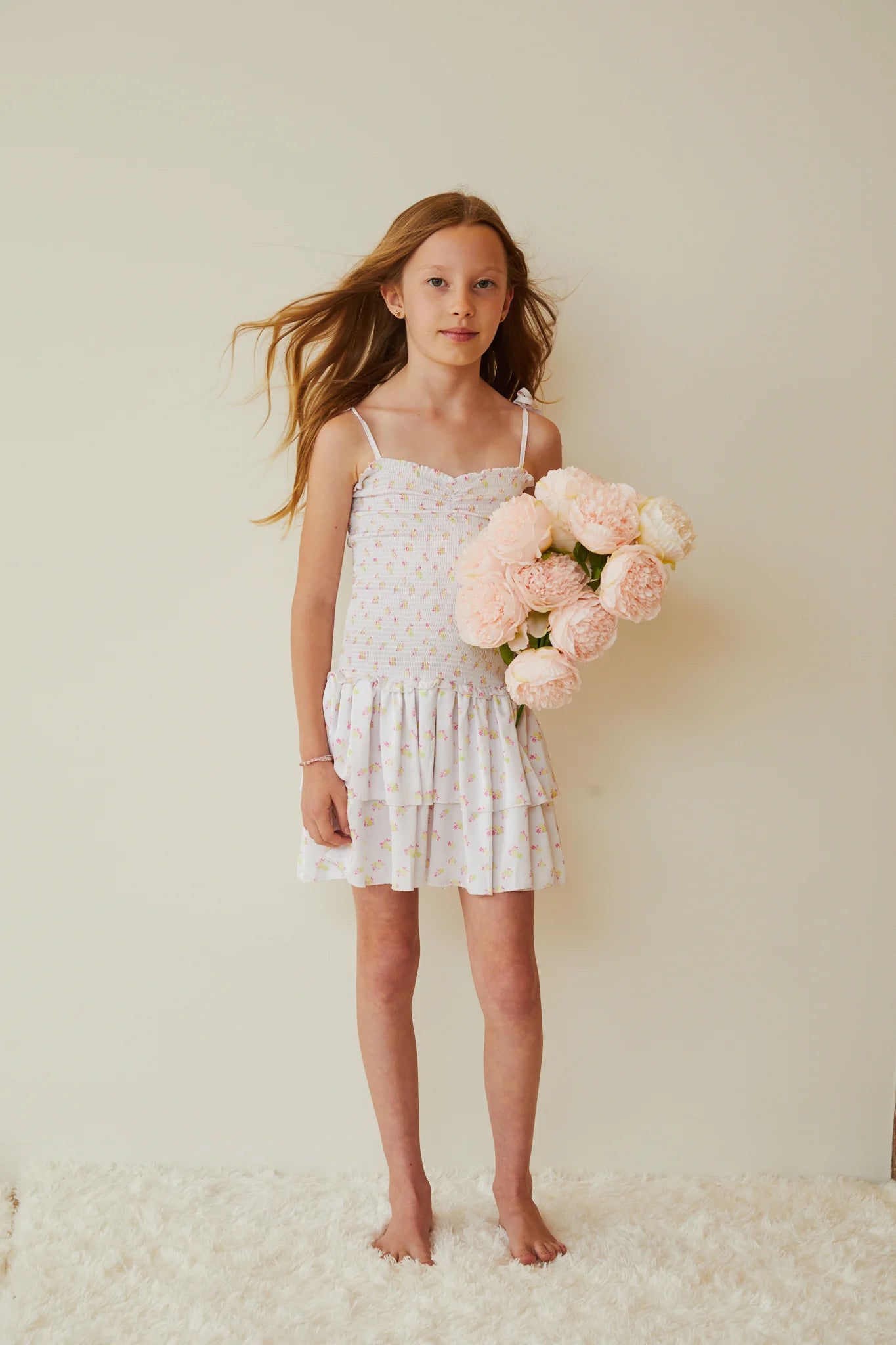 Theme NYC Lola White with Pastel Yellow Ditsy Satin Smocked Ruffle Dress