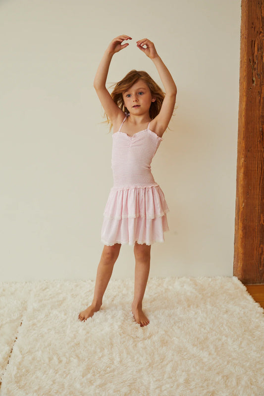 Theme NYC Lola Pink & White Gingham Hearts Satin Smocked Ruffle Dress