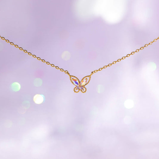 Float Like A Butterfly Necklace — 18K Gold Plated Iridescent Butterfly Pendant