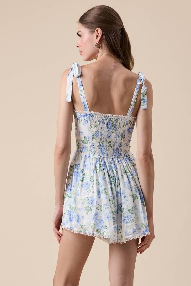 Bluebell Bloom Floral Romper – Juniors Lace Trim Tie Strap Mini
