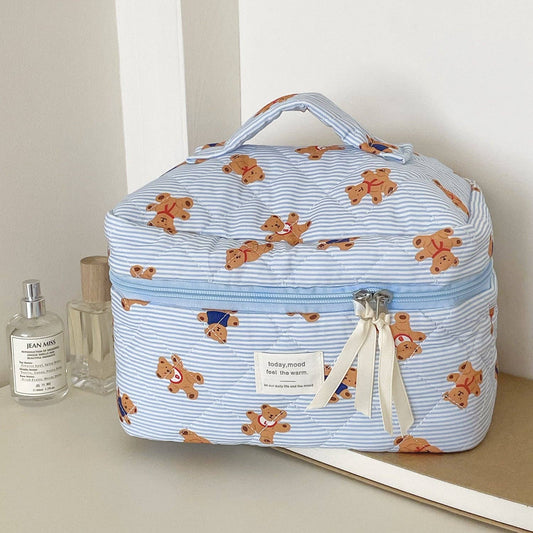 Cute Bear Print Striped Train Case – Blue | Large