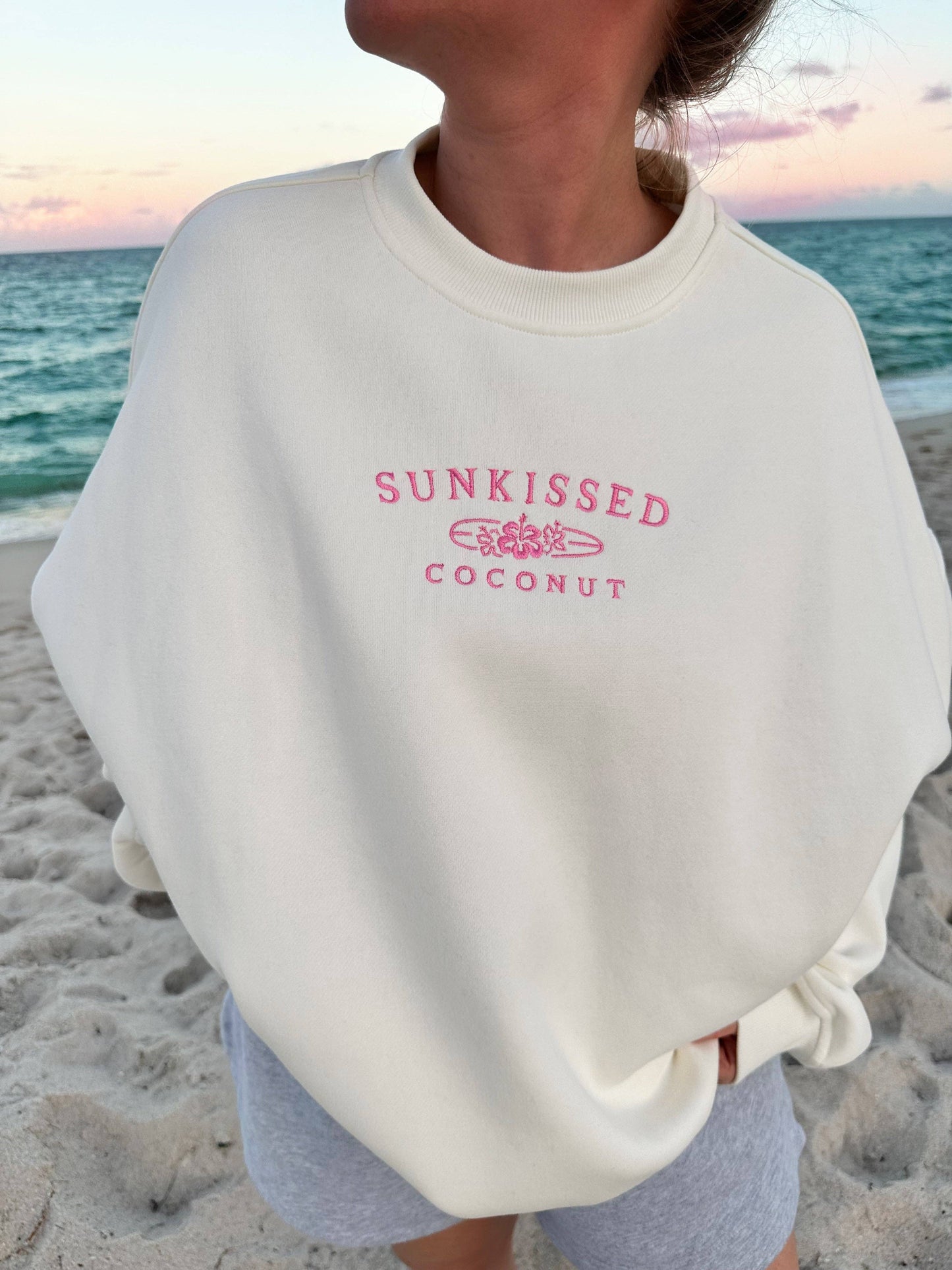 Ivory and Hibiscus Pink Sunkissedcoconut Logo Embroider Sweatshirt: Ivory / XS