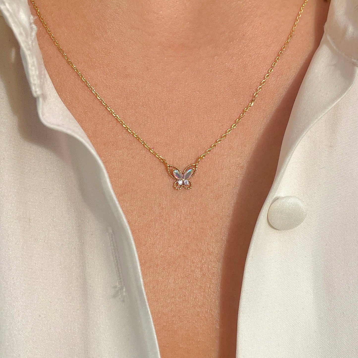 Float Like A Butterfly Necklace — 18K Gold Plated Iridescent Butterfly Pendant