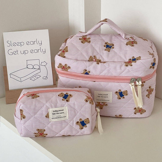 Cute Bear Print Striped Train Case – Pink | Large