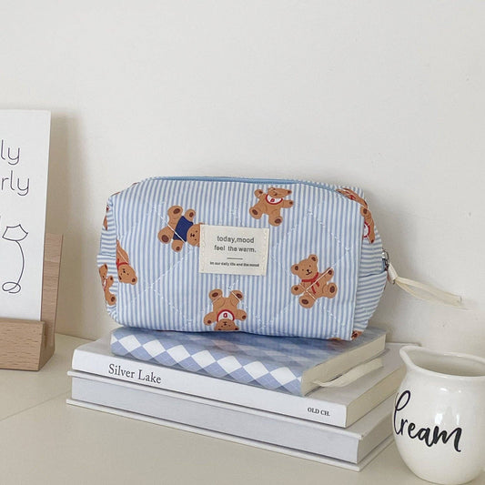 Cute Bear Print Striped Makeup Bag – Blue / Small