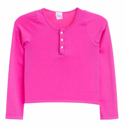 Suzette Mädchen Langärmliges, geripptes, nahtloses Henley mit goldenen Druckknöpfen | Helles Fuchsia