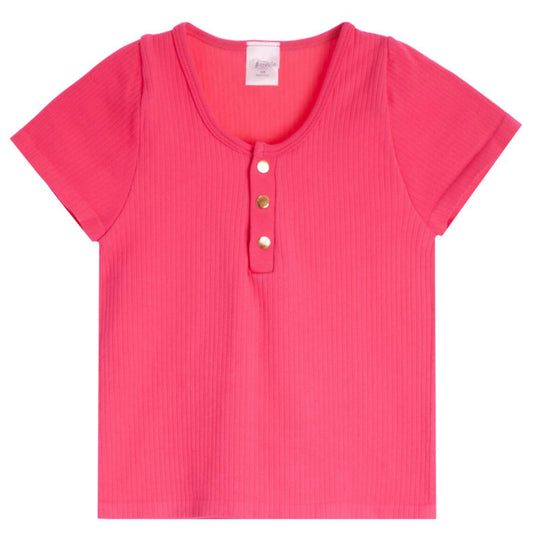 Suzette Girls Short Sleeve Ribbed Seamless Gold Snap Henley | Brillant Rose