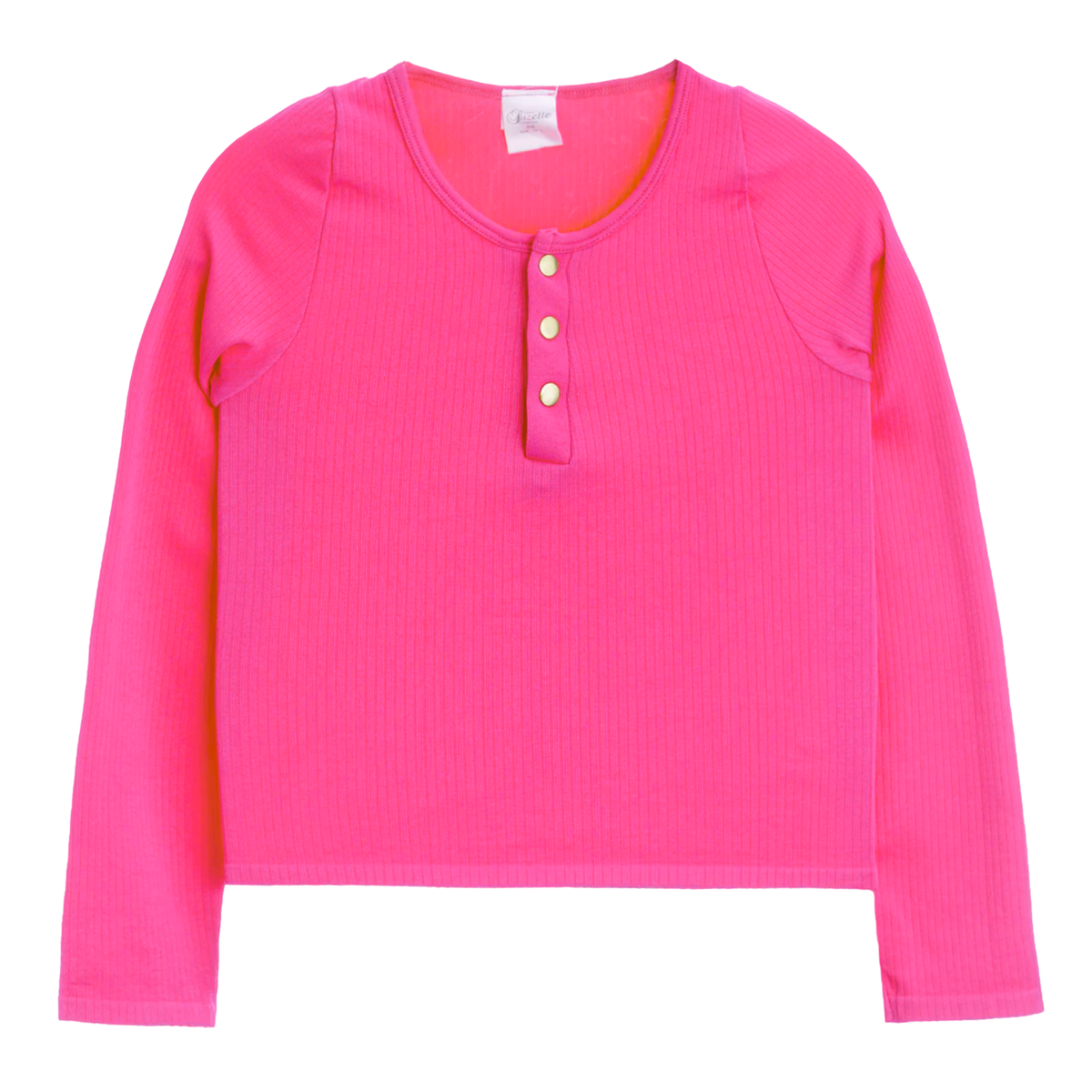 Suzette Mädchen Langärmliges, geripptes, nahtloses Henley mit goldenen Druckknöpfen | Helles Fuchsia