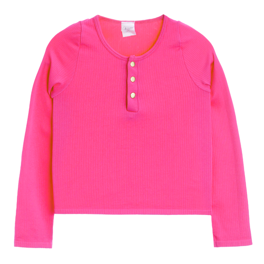 Suzette Girls Long Sleeve Ribbed Seamless Gold Snap Henley | Azalea Pink