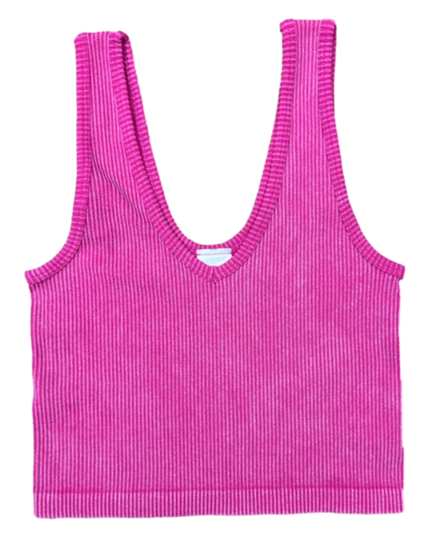 Geripptes Tanktop mit V-Ausschnitt „Suzette“ für Mädchen | Mineral Wash Barbie Pink