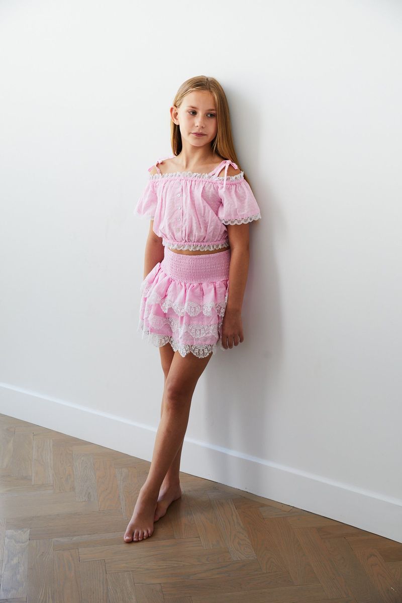 Theme NYC Gemma Pink Heart Smocked Ruffle Mini Skirt