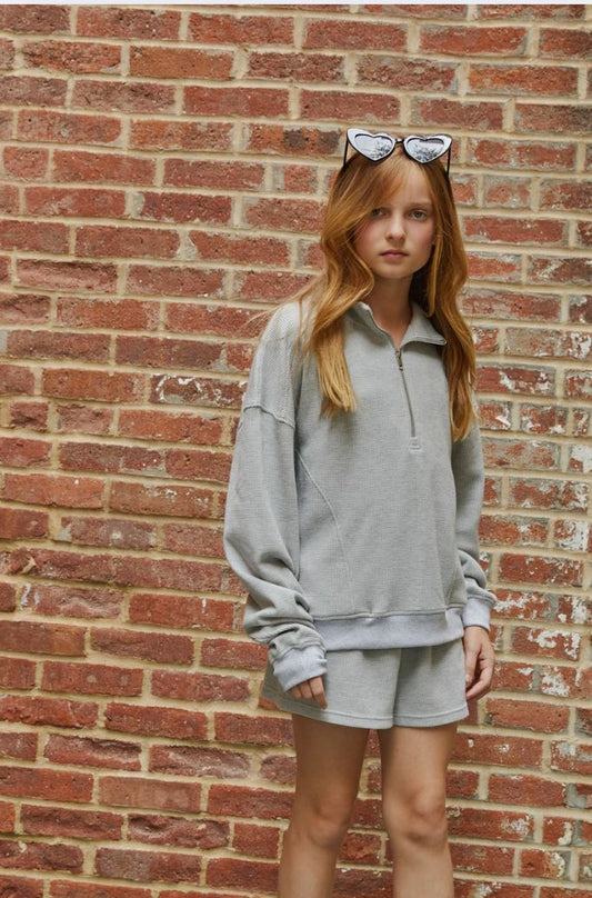 Theme NYC Crosby Grey With Heart Waffle Half Zip Sweatshirt