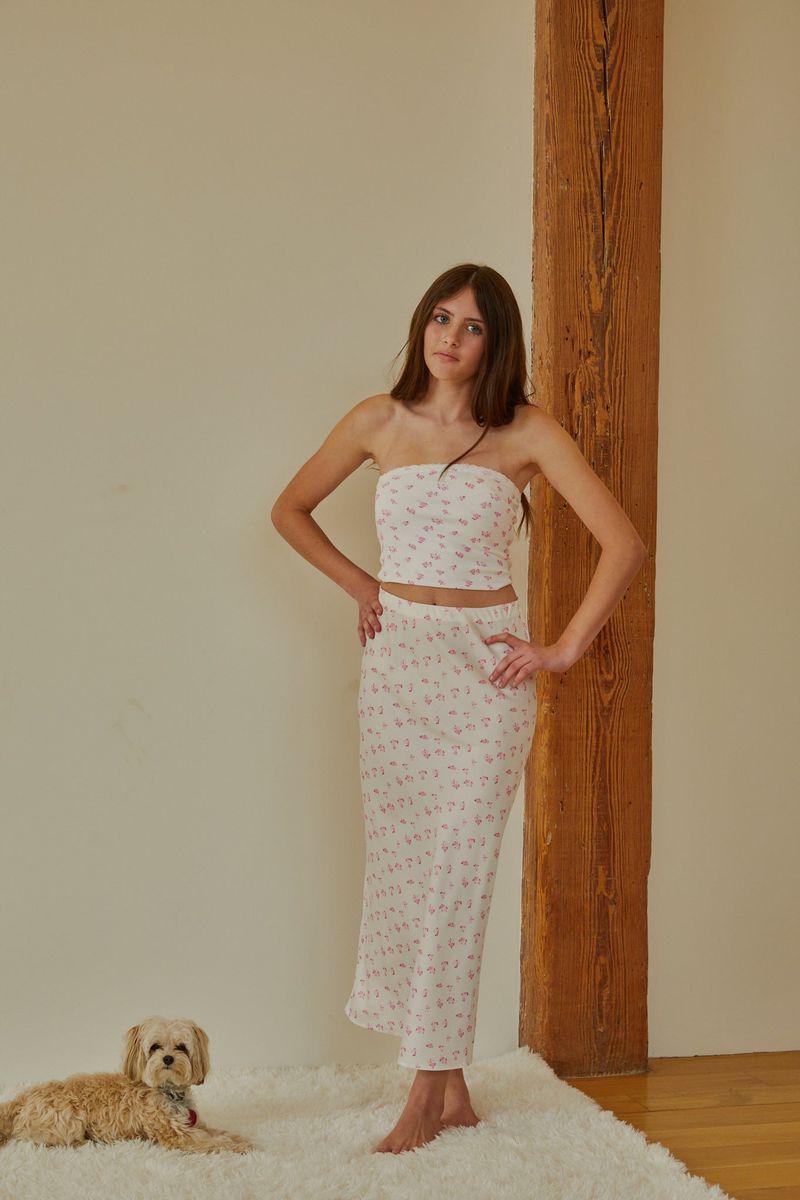 Theme NYC Joey White With Pastel Pink Ditsy Satin Maxi