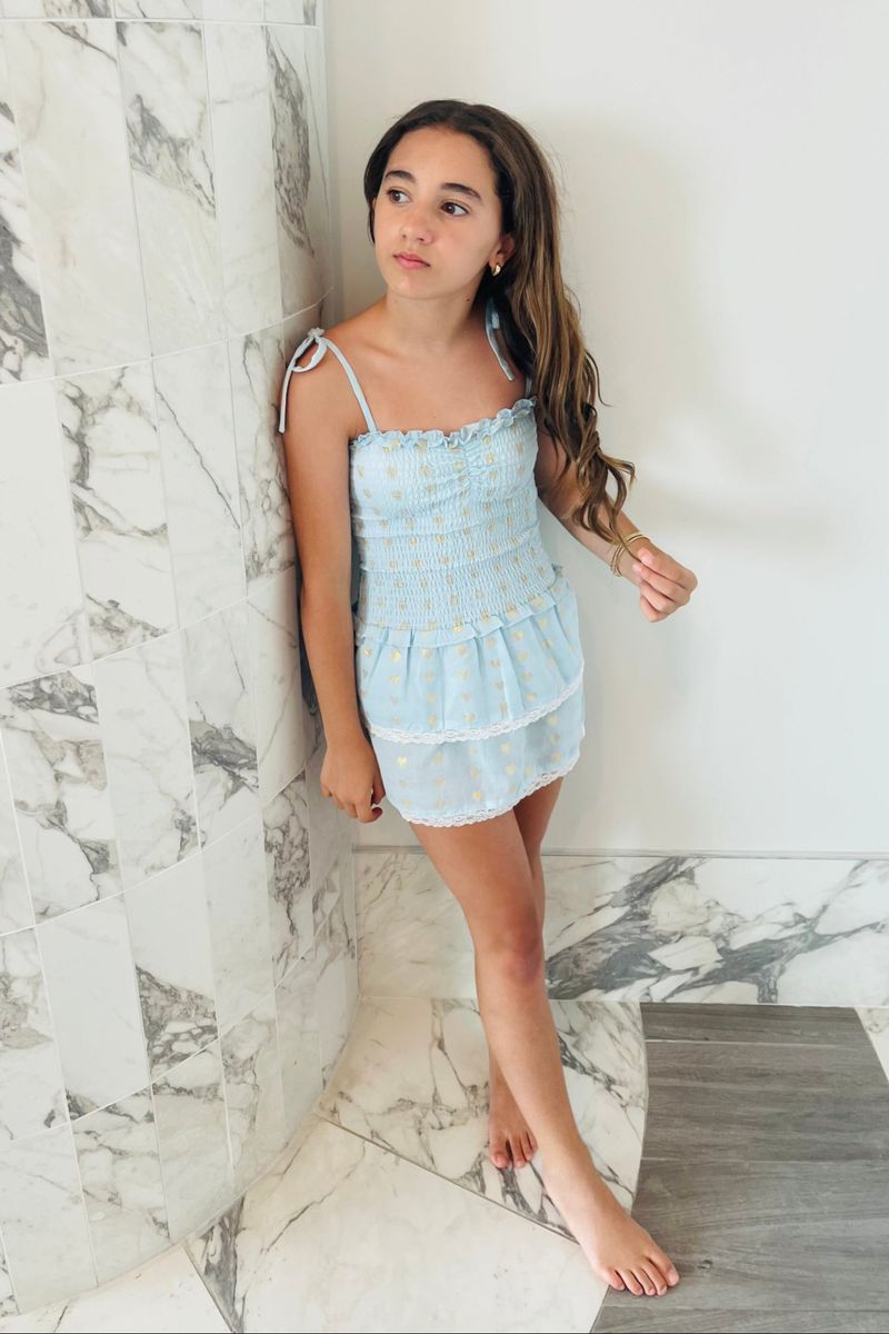 Theme NYC Lola Pastel Blue Heart Lurex Smocked Ruffle Dress