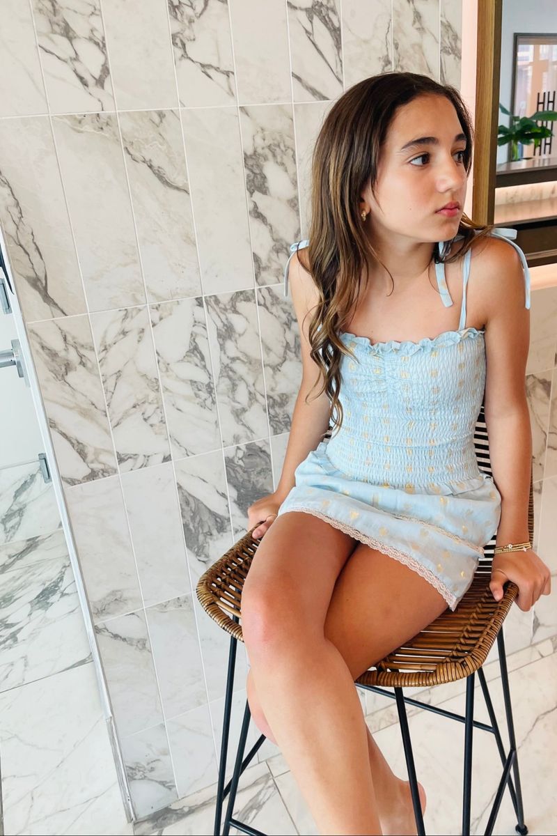 Theme NYC Lola Pastel Blue Heart Lurex Smocked Ruffle Dress