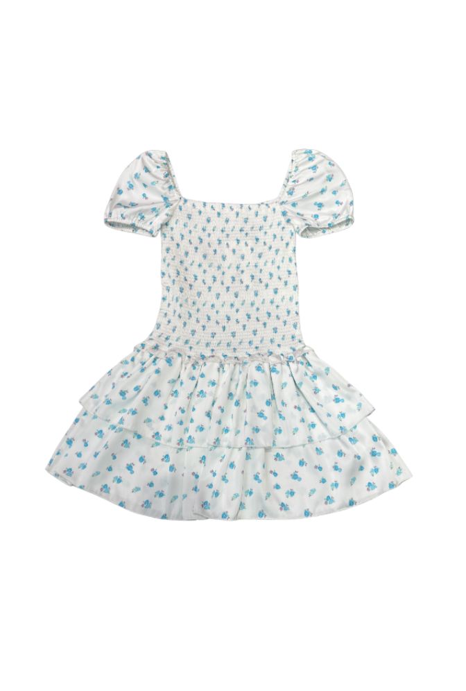 Theme NYC Lexi White with Pastel Blue Ditsy Smocked Short Sleeve Ruffle Dress
