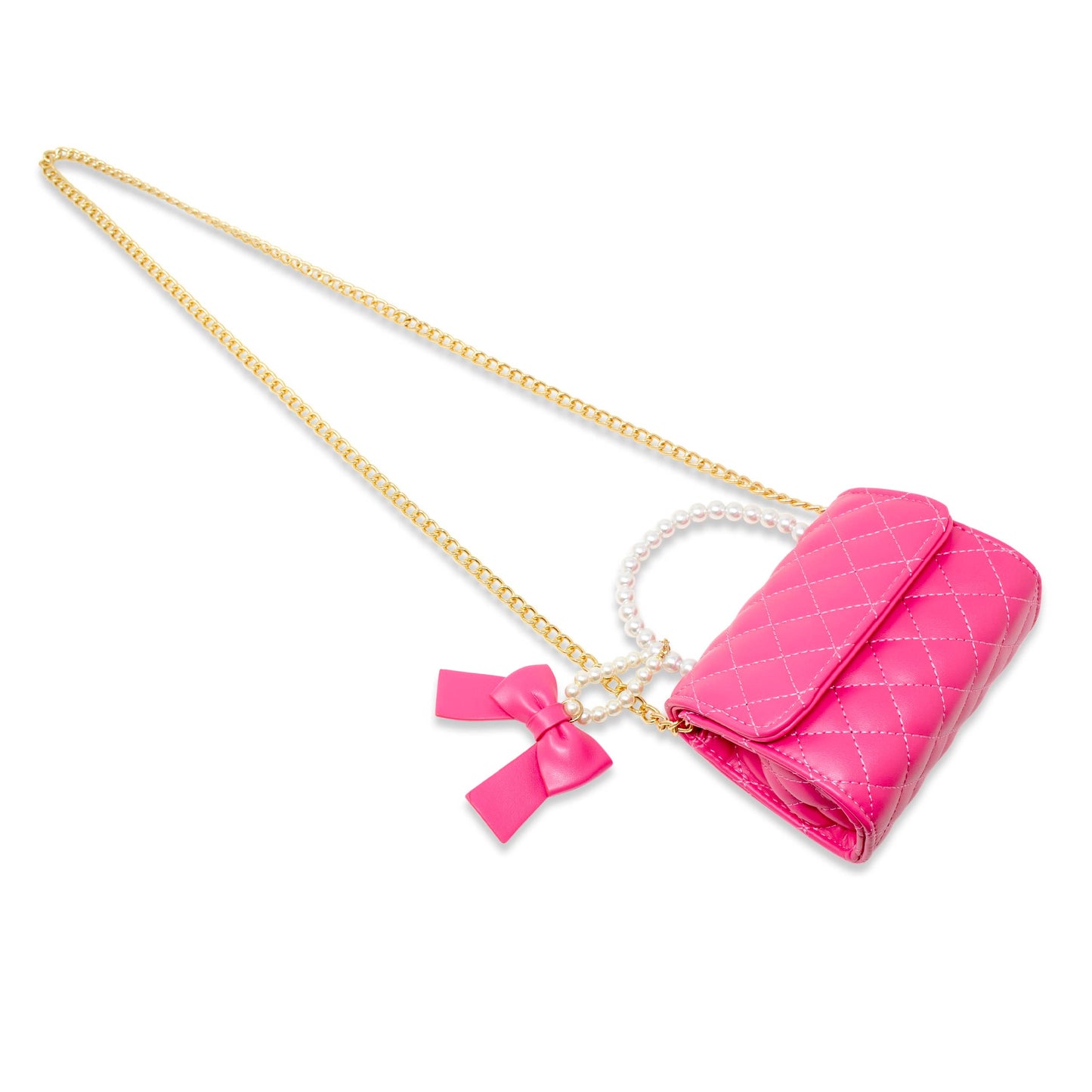 Quilted Pearl Handle Bow Ribbon Handbag | Hot Pink