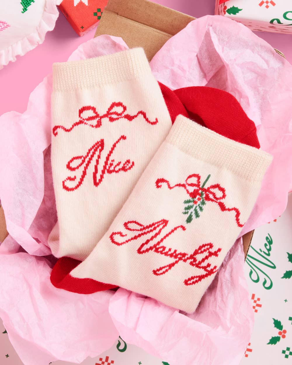 Naughty & Nice Knit Socks – Cream + Red Holiday Crew Socks