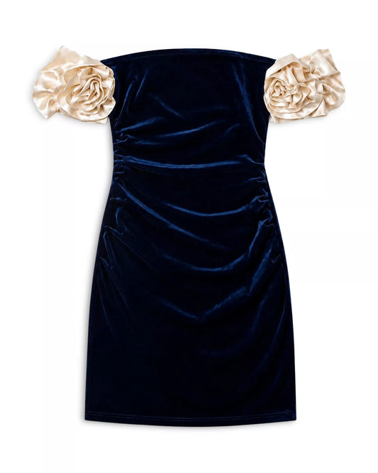 THEME NYC Montgomery Rosette Off-the-Shoulder Velour Dress