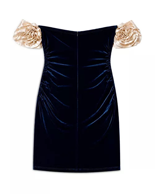 THEME NYC Montgomery Rosette Off-the-Shoulder Velour Dress