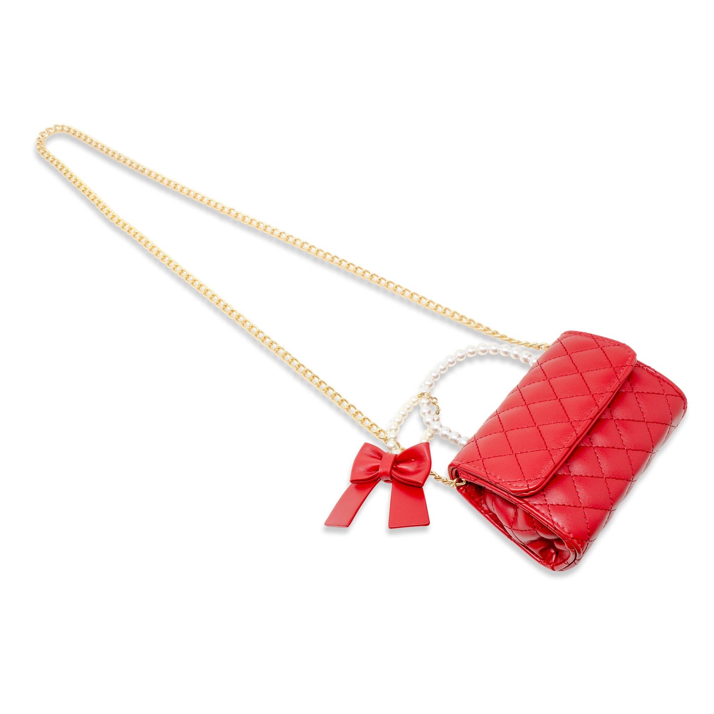 Quilted Pearl Handle Bow Ribbon Handbag | Red