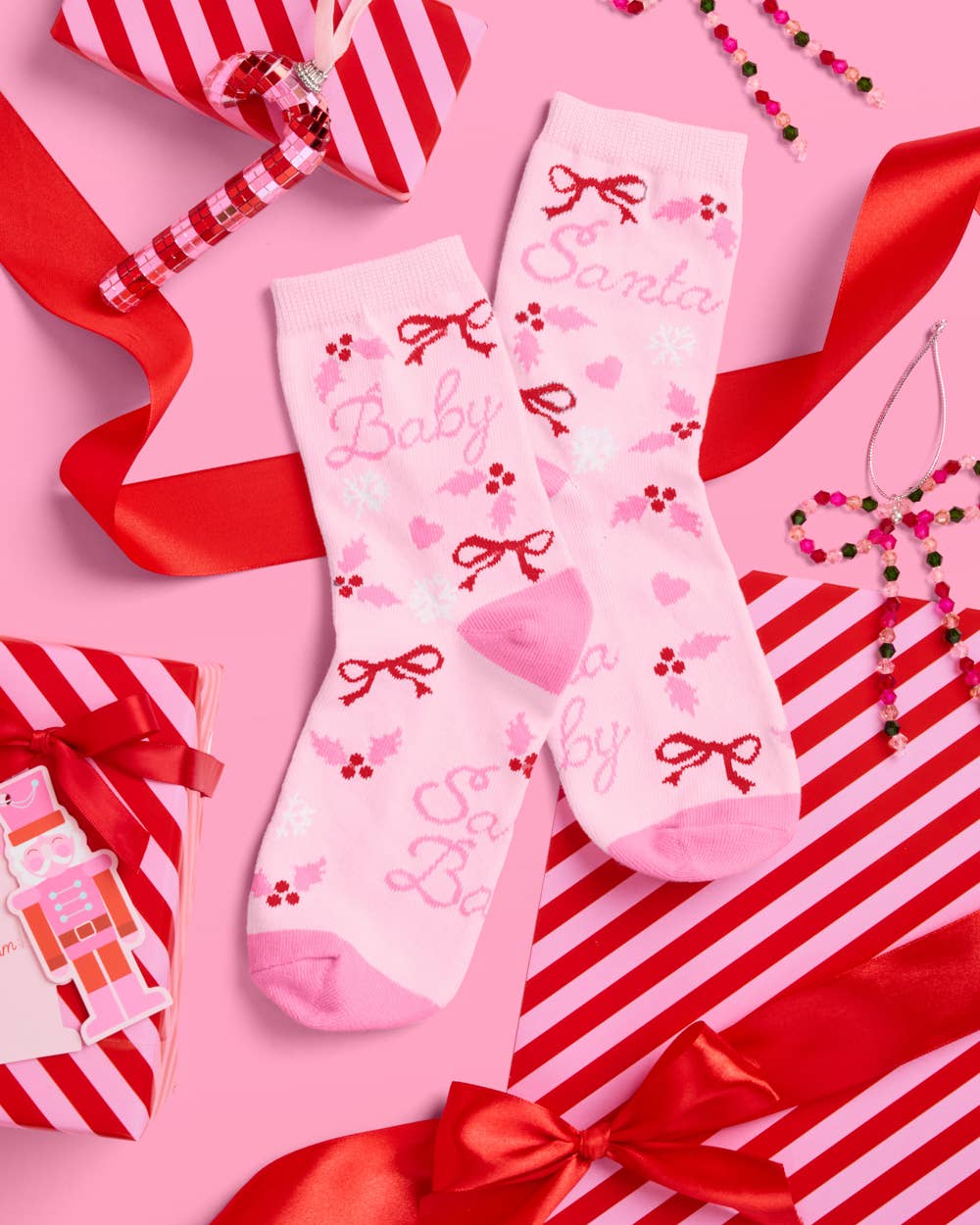Santa Baby Knit Socks – Pink Holiday Tube Socks