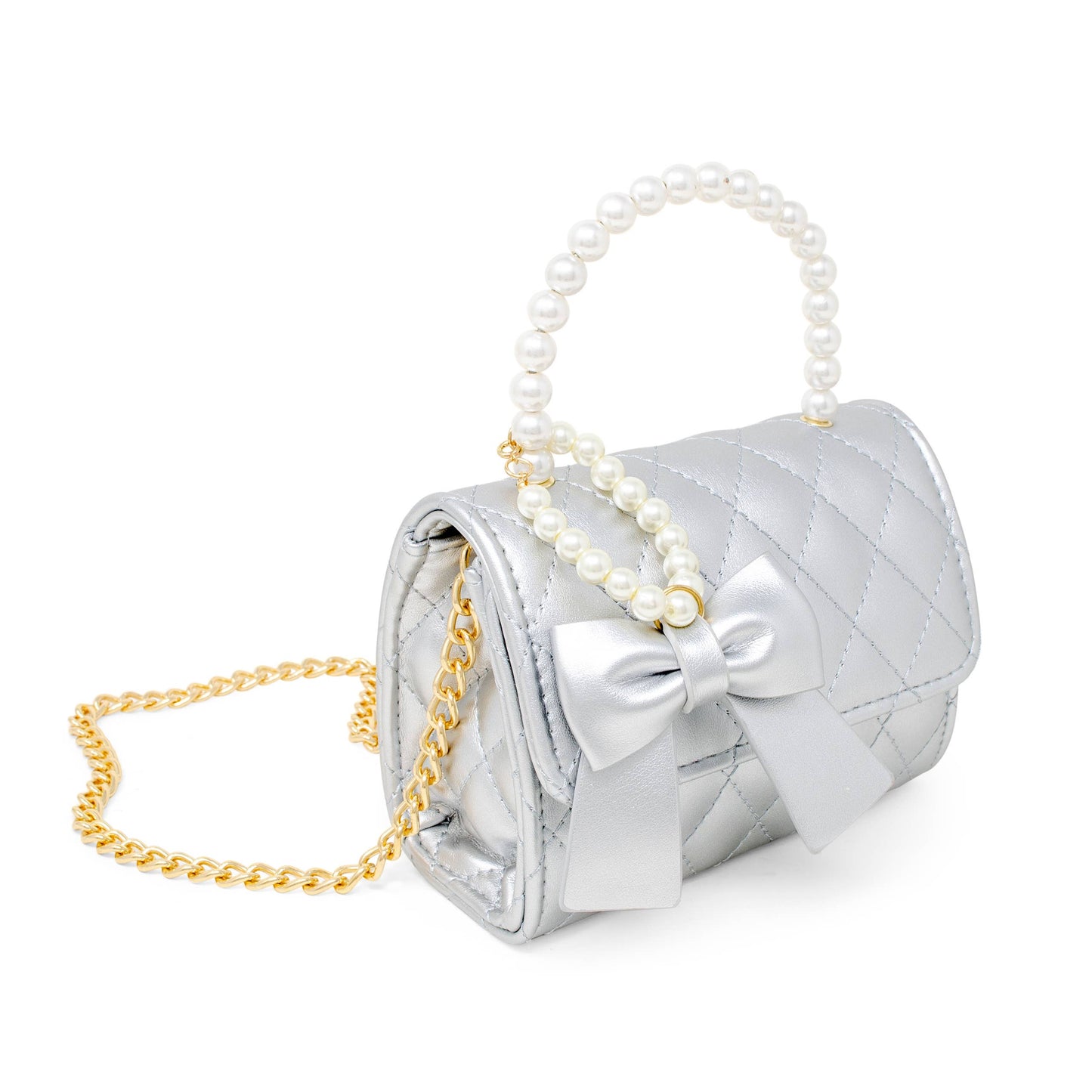 Quilted Pearl Handle Bow Ribbon Handbag | Silver