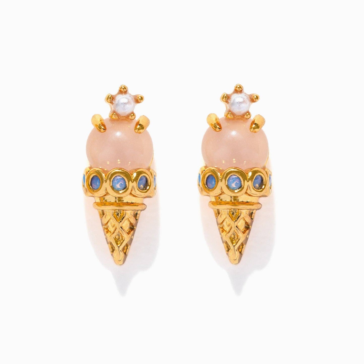 Ice Cream Shop Studs — Gold Plated Pink & Pearl Cone Earrings