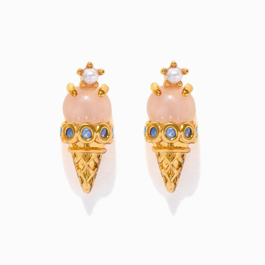 Ice Cream Shop Studs — Gold Plated Pink & Pearl Cone Earrings